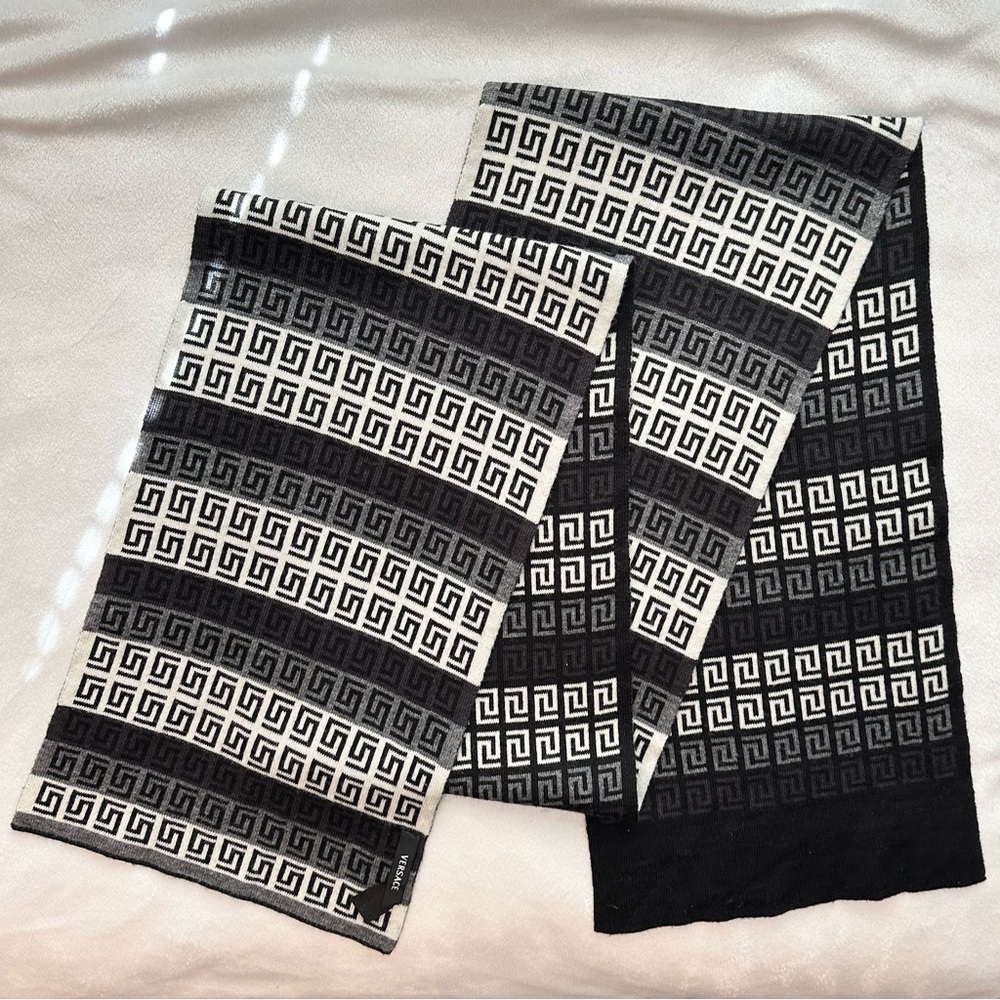 Versace Greca Print Logo Black Gray Ivory Wool blend Winter Scarf Unisex